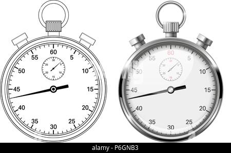 Stop watch. Flat drawing and 3d vector illustration isolated on white background. Stock Vector