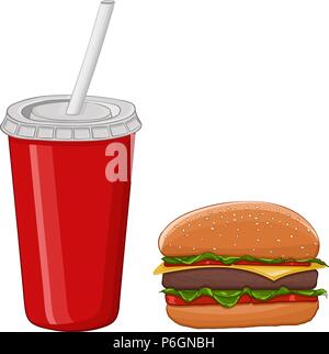 Hamburger and a drink in a red disposable cup Stock Vector