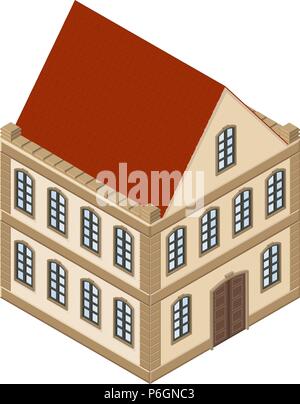 House. 2-floor residential building with red roof. Isometric vector illustration isolated on white background Stock Vector