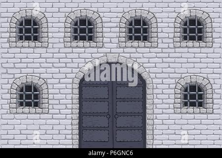 Medieval castle wall with doors and barred windows. Hand drawn sketch Stock Vector