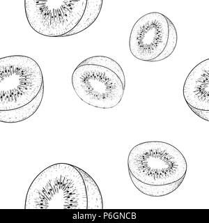 Kiwi seamless pattern. Outline hand drawn sketch Stock Vector