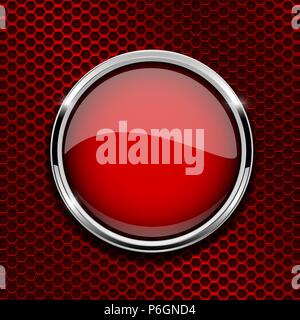 Red round glass button with metal frame on red perforated background Stock Vector