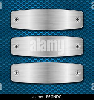 Metal brushed plates with screws on blue perforated background Stock Vector