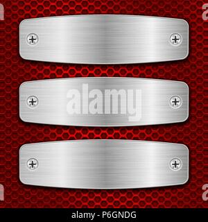 Metal brushed plates with screws on red perforated background Stock Vector