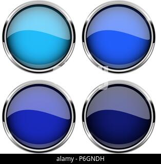 Blue glass buttons with metal frame. Set of shiny 3d icons Stock Vector