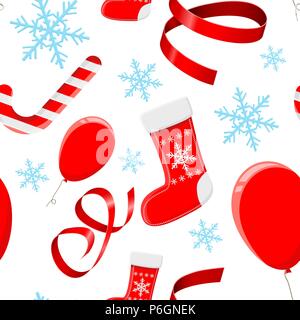 Christmas decorations. Red 3d elements and blue snowflakes. Seamless pattern Stock Vector