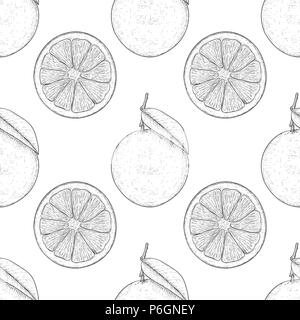 Orange, whole and slice. Hand drawn black and white sketch as seamless pattern. Vector illustration Stock Vector