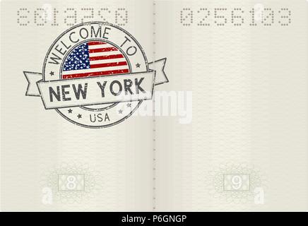 Passport pages with Welcome to New York, USA travel stamp Stock Vector
