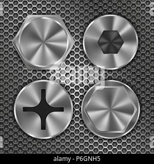 Screw heads on metal perforated background Stock Vector