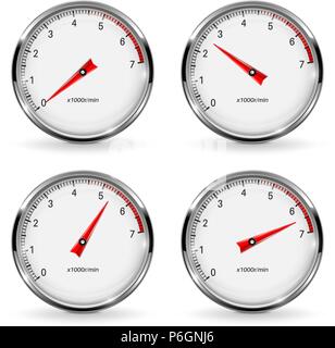Manometer. Round gauge with metal frame. Different indication Stock Vector