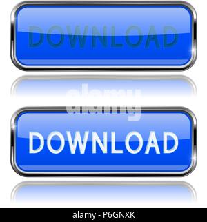 Blue DOWNLOAD buttons. Rectangle icons with metal frame with reflection Stock Vector