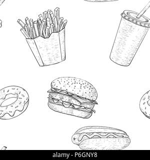 Fast food seamless pattern. Hand drawn sketch Stock Vector