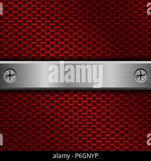Steel long plate with screws on red perforated background Stock Vector