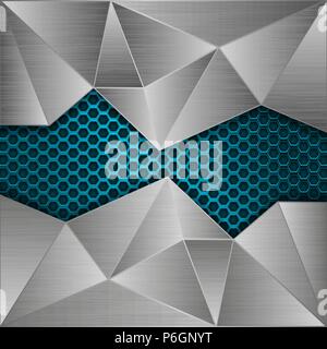 Blue metal perforated background with brushed metal polygonal elements Stock Vector