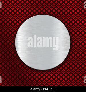 Round metal brushed plate on red perforated background Stock Vector