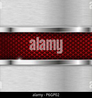 Metal brushed elements with red perforation. Industrial metallic backround Stock Vector
