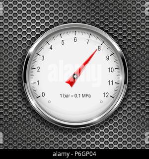 Manometer. Round gauge with metal frame on perforated background Stock Vector