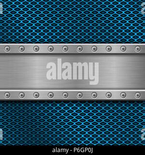 Metal rivetted plate on blue perforated background Stock Vector