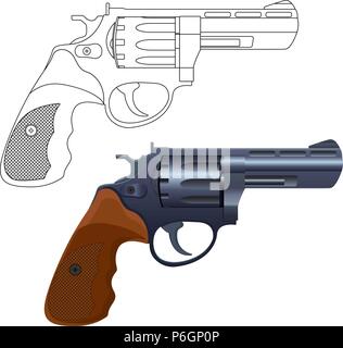 Revolver gun. Outline icon and 3d model Stock Vector