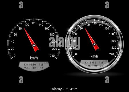 Speedometers. Round black gauge with and without chrome frame Stock Vector
