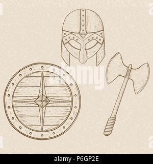 Viking armor set - helmet, shield and axe. Hand drawn sketch on beige background Stock Vector