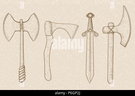 Old set of weapons - axes and sword. Hand drawn sketch on beige background Stock Vector