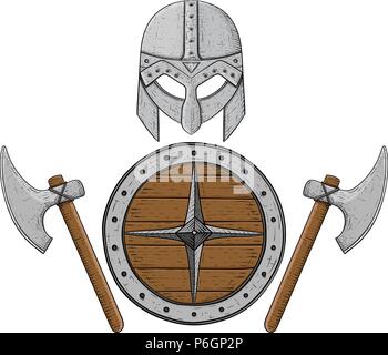 Viking axes, shield and helmet. Hand drawn colored sketch Stock Vector