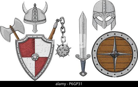 Viking armor set - helmets, shields and sword, axe. Colored hand drawn sketch Stock Vector