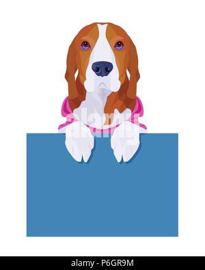 Adorable beagle wearing pink shirt holding  empty blue board for adding text on white background Stock Vector
