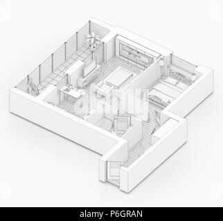 Line drawing floor plan on a white background, Mock up of furnished home apartment Stock Photo