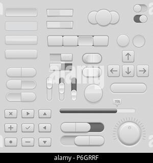 Gray interface buttons and sliders. 3d set of UI icons Stock Vector