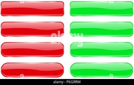 Red and green glass buttons. Shiny rectangle 3d icons with reflection Stock Vector
