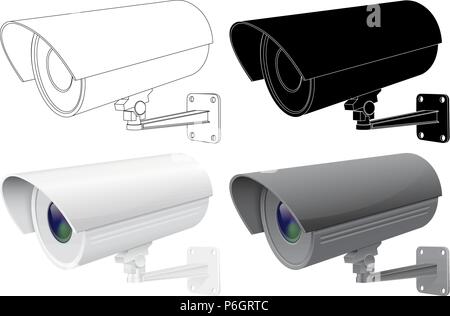 Security CCTV camera. Outline drawing, black silhouette and 3d model Stock Vector