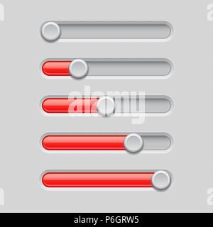 Slider bars. Gray red volume level console Stock Vector