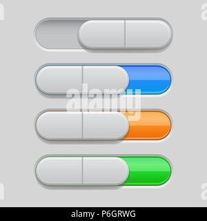On and Off toggle switch buttons. Colored set of 3d oval slider icons Stock Vector