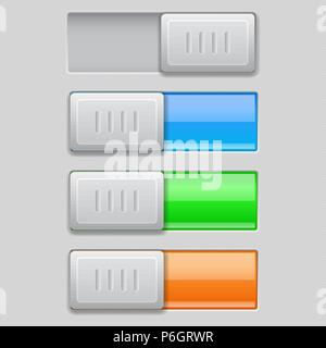On and Off toggle switch buttons. Colored 3d icons Stock Vector