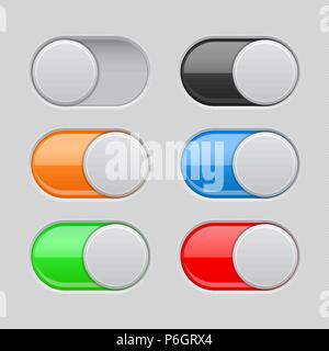 On and Off toggle switch buttons. Colored set of 3d slider icons Stock Vector