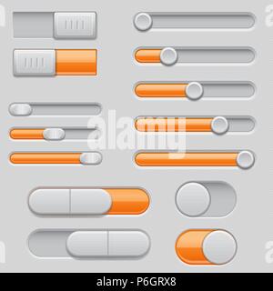 Slider bars. Set of gray orange volume level console Stock Vector