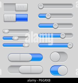 Slider bars. Set of gray blue volume level console Stock Vector