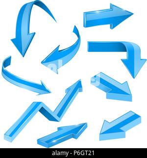 Blue arrows. 3d shiny set of icons Stock Vector