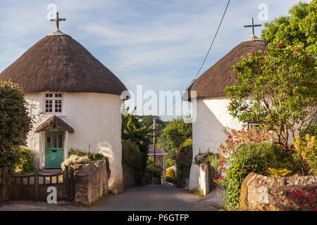 view of the ancient round houses in veryan roseland peninsula cornwall uk Stock Photo