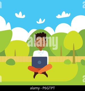 african american man holding laptop working outdoors over green park landscape flat Stock Vector