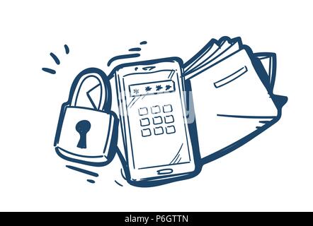 security system data folder padlock protection password concept on white background sketch doodle Stock Vector