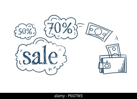 wallet money transaction shopping sale concept discount price chat bubble on white background sketch doodle Stock Vector