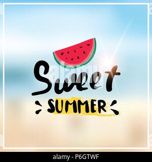 watermelon summer blurred sea bokeh beach background frame design badge vacation season holidays lettering for logo templates invitation greeting card prints and posters Stock Vector