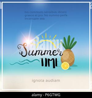 pineaple summer blurred sea bokeh beach background frame design badge vacation season holidays lettering for logo templates invitation greeting card prints and posters copy space Stock Vector