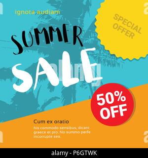 Multicolored summer sale lettering with tropical palms lettering for logo templates invitation greeting card prints and posters special discounts copy space Stock Vector