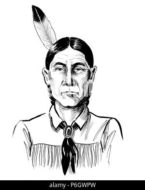 American Indian warrior. Ink black and white illustration Stock Photo