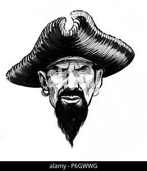 Pirate captain. Ink black and white illustration Stock Photo - Alamy