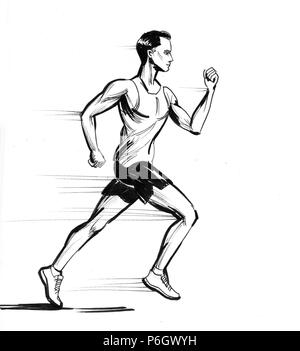 Running man. ink black and white illustration Stock Photo